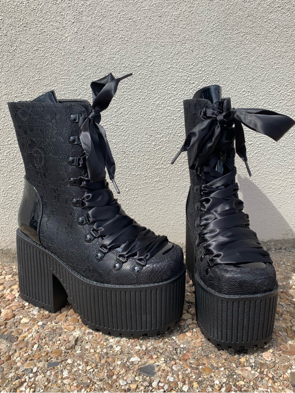 STRANGE CVLT Pandora Fabric Lace Black Boots, 8